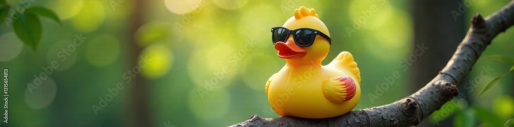 Colorful rubber duck perched on a tree branch with sunglasses and cartoon feathers , symbol, bird, duck Colorful rubber duck perched on a tree branch with sunglasses and cartoon feathers , symbol, bird, duck