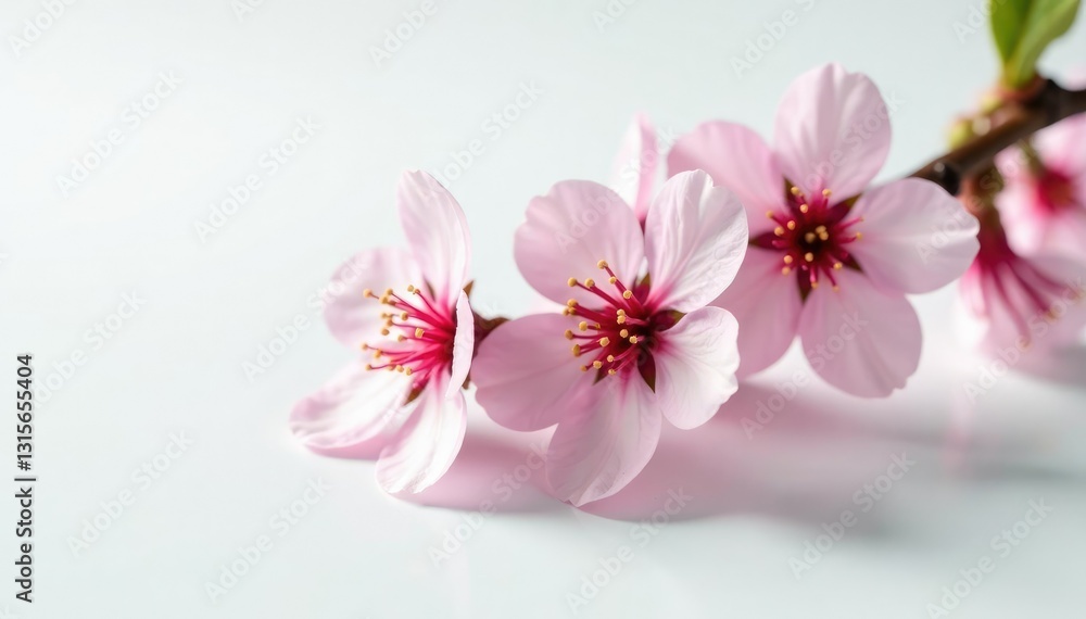 Single isolated cherry blossom branch on white surface with delicate petals, pink, flowers, greenery Single isolated cherry blossom branch on white surface with delicate petals, pink, flowers, greenery