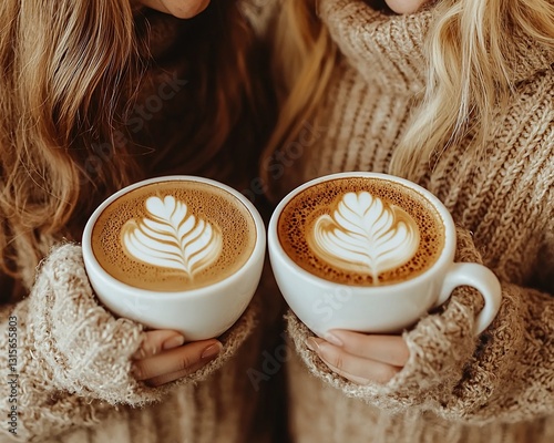 Two women holding coffee cups with latte art in cozy cafe. Possible use Lifestyle, coffee shop, autumn photo