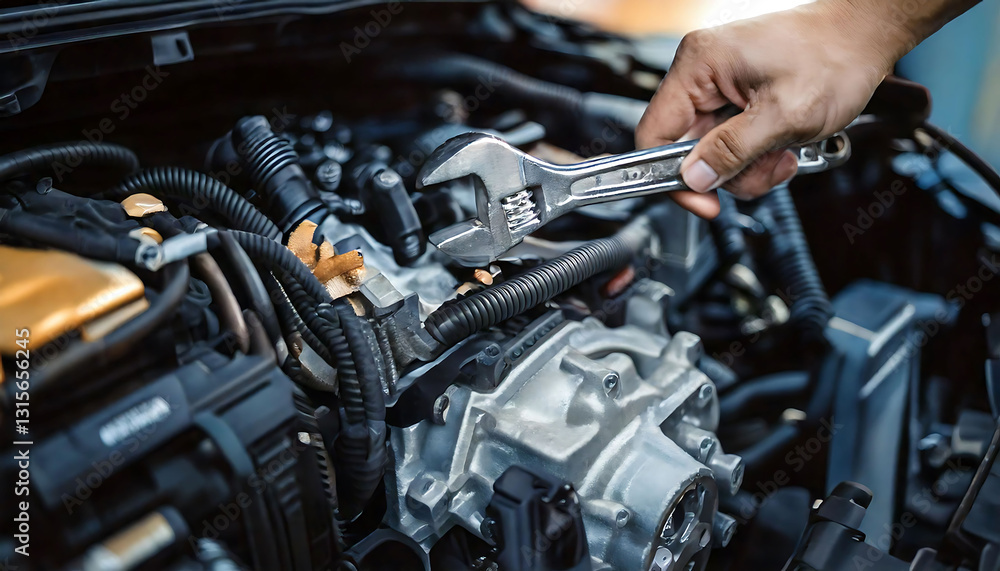 Close-up shot of a mechanic's hand using a wrench on a car engine. High-quality image ideal for automotive repair, maintenance, and DIY projects. Shows intricate detail of engine components. Close-up shot of a mechanic's hand using a wrench on a car engine. High-quality image ideal for automotive repair, maintenance, and DIY projects. Shows intricate detail of engine components.