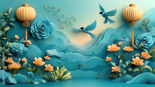 Wallpaper Mural Vibrant paper art landscape Torontodigital.ca