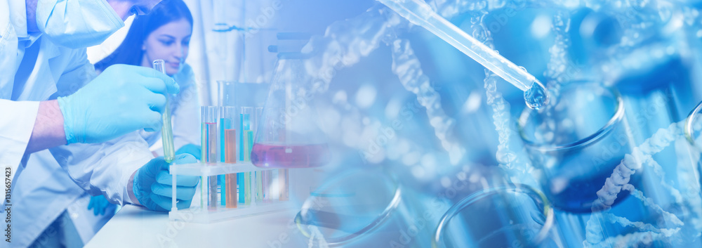 Biochemistry. Scientists working in laboratory, double exposure with test tubes and DNA structure Biochemistry. Scientists working in laboratory, double exposure with test tubes and DNA structure