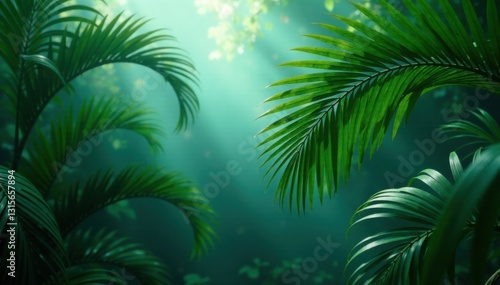 Wallpaper Mural Dark green palm fronds in a misty environment, dark greens, atmospheric conditions, tropical foliage Torontodigital.ca