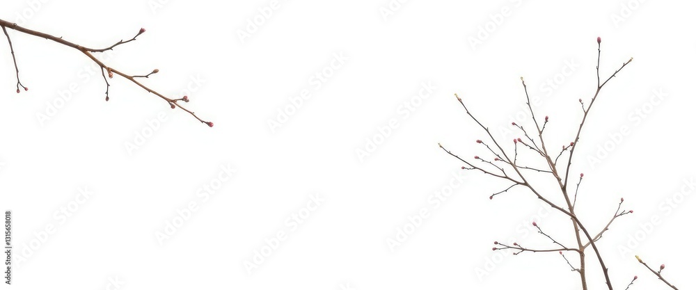 Delicate, bare branches isolated against a pure white backdrop, decoration, texture Delicate, bare branches isolated against a pure white backdrop, decoration, texture