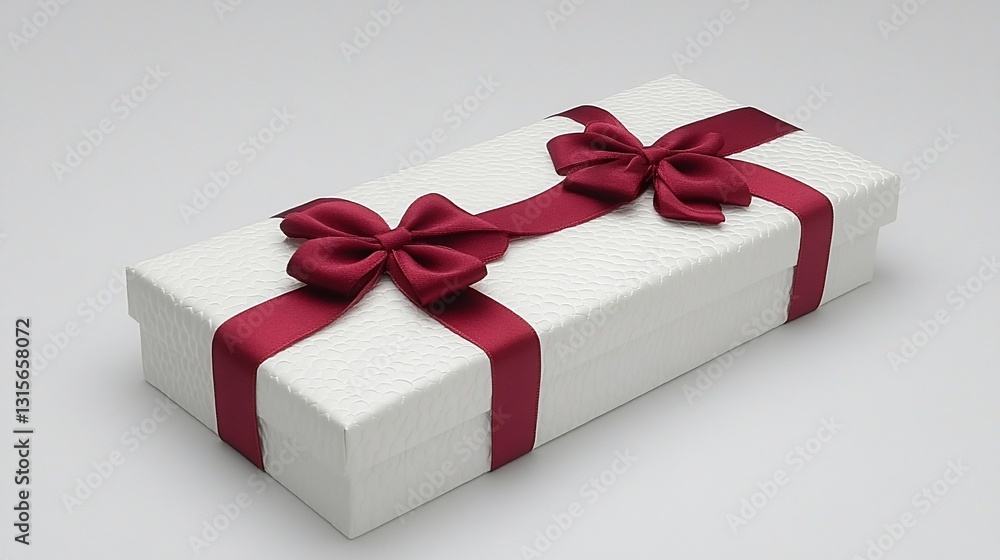 White gift box, maroon ribbon, bows, studio shot, present White gift box, maroon ribbon, bows, studio shot, present