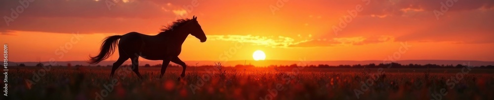 Obraz premium Dark horse silhouette running freely in the open fields at sunset, movement, landscape, open fields