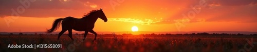 Wallpaper Mural Dark horse silhouette running freely in the open fields at sunset, movement, landscape, open fields Torontodigital.ca