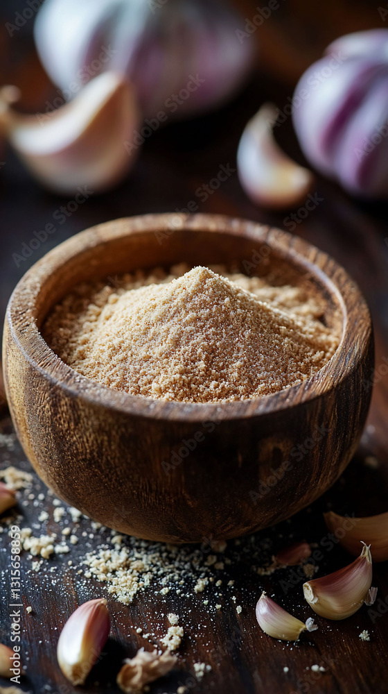 Garlic Powder in Rustic Wooden Bowl Garlic Powder in Rustic Wooden Bowl