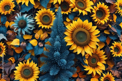 Vibrant Autumn Floral Arrangement Featuring Sunflower Leaves and Cobalt Fir in Stunning Detail