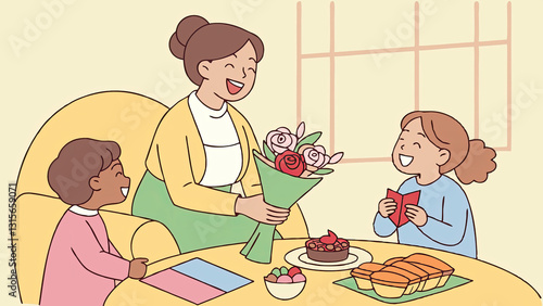 A joyful Mother’s Day celebration in the living room with homemade cards, bouquets, and desserts, surrounded by family, laughter, and love, highlighting the joy of togetherness and family bonding.