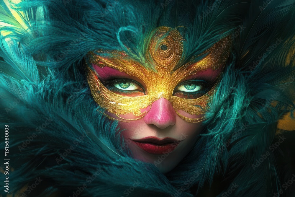 vivid magenta carnival mask glowing under a golden spotlight framed by swirling teal feathers radiating festive mystery and playful elegance vivid magenta carnival mask glowing under a golden spotlight framed by swirling teal feathers radiating festive mystery and playful elegance