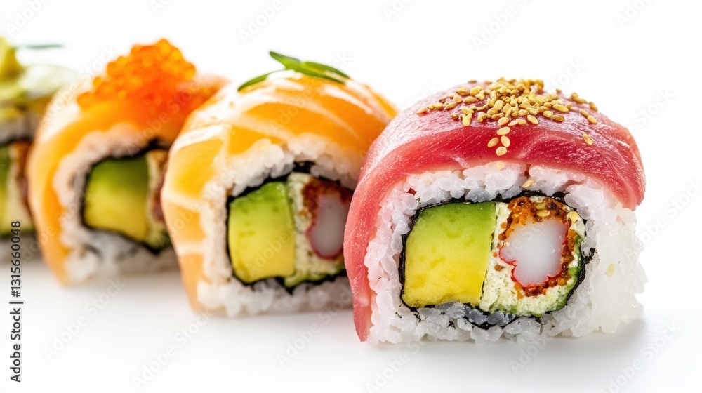 A high-end sushi selection featuring Yuzu Citrus Roll with bright citrus notes, a velvety Avocado Roll, and a delicately sliced Tuna Roll. A high-end sushi selection featuring Yuzu Citrus Roll with bright citrus notes, a velvety Avocado Roll, and a delicately sliced Tuna Roll.