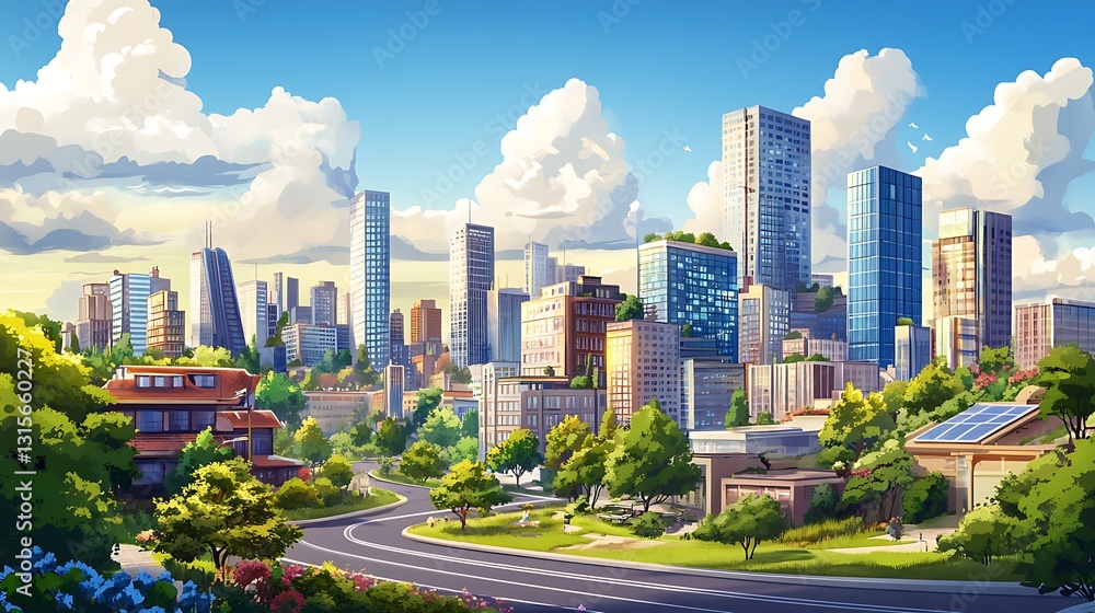 Fototapeta premium A vibrant cityscape with modern buildings and lush greenery under a bright sky.