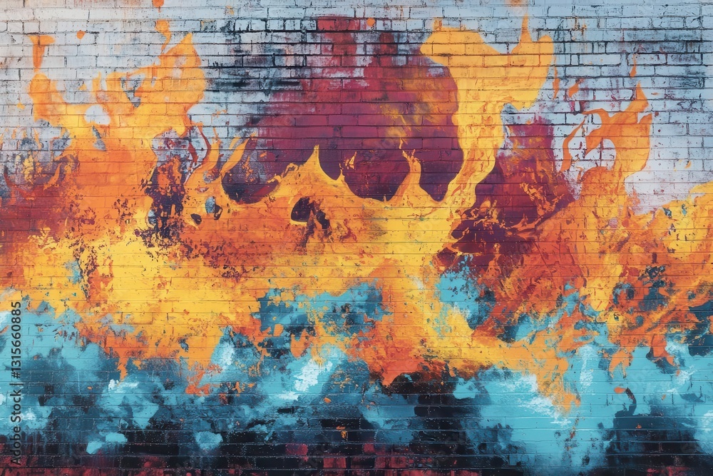 vivid street mural splashing fiery oranges and blues across a weathered brick wall raw urban pulse bold rebellious flair vivid street mural splashing fiery oranges and blues across a weathered brick wall raw urban pulse bold rebellious flair
