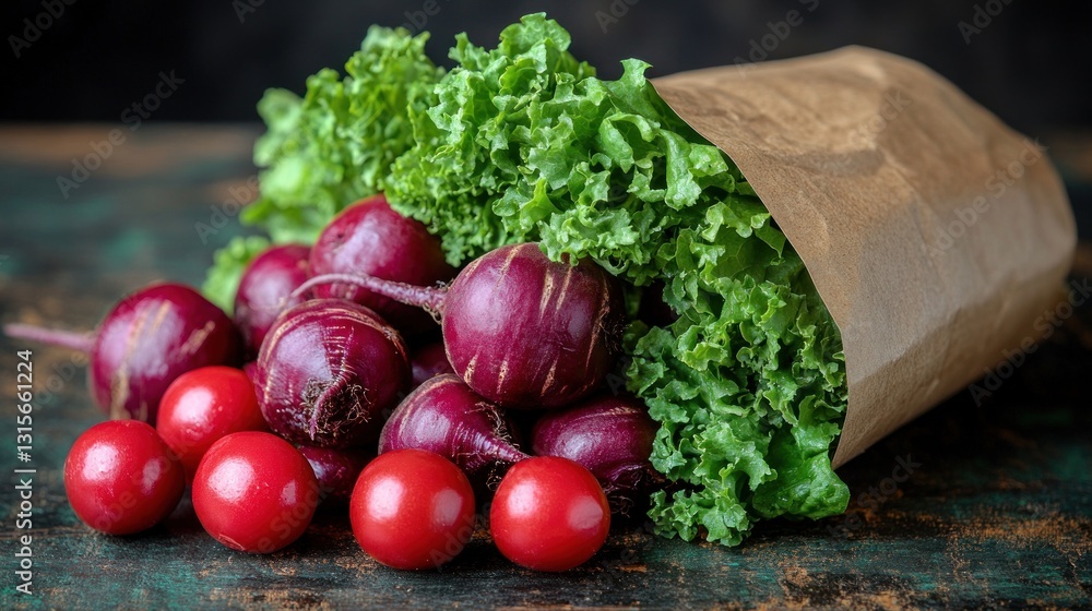 Fresh beets, lettuce, and tomatoes in brown paper bag on rustic table Fresh beets, lettuce, and tomatoes in brown paper bag on rustic table