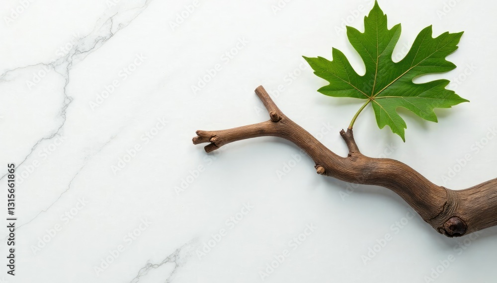 Obraz premium Twisted oak branch on white marble background, wooden, tree trunk, leaf