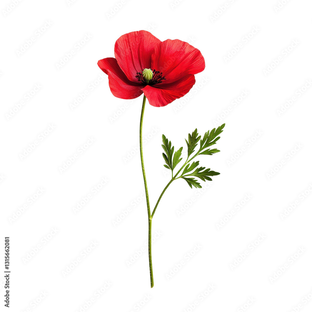 Vibrant red poppy flower with green leaves Vibrant red poppy flower with green leaves