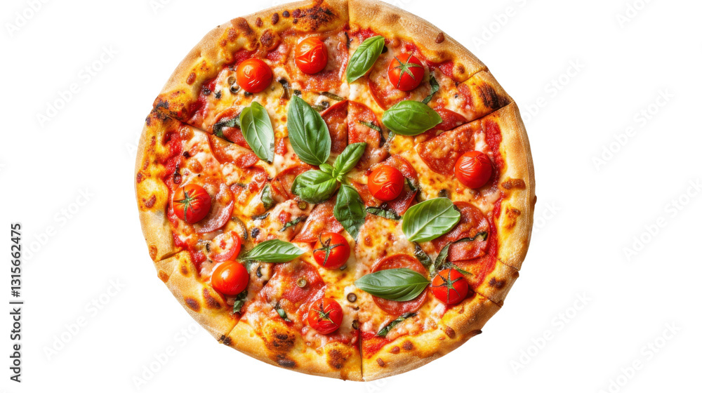 Delicious pizza with tomatoes, basil, and pepperoni on transparent background Delicious pizza with tomatoes, basil, and pepperoni on transparent background