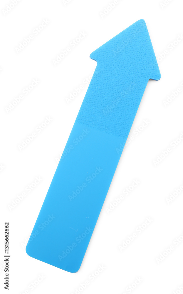 One blue paper arrow isolated on white, top view