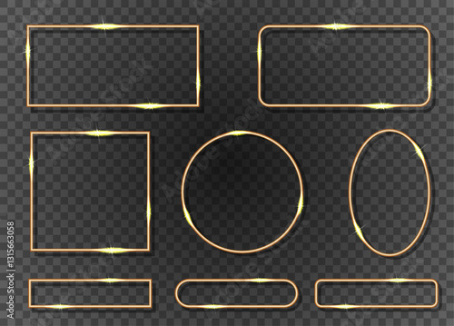 Golden frame collection on transparent background. Golden borders set isolated on transparent background