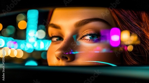 Woman s Face Reflected in Car Window at Night  City Lights  Urban Scene