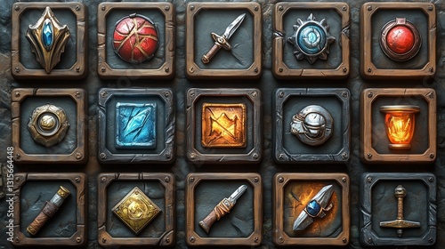Game inventory icons weapons armor potions. Detailed RPG assets in wooden frames. Perfect for UI design. AI generated
