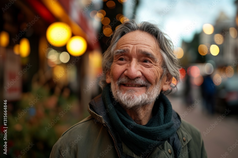 Portrait of an elderly man with a white beard on the street in the evening Portrait of an elderly man with a white beard on the street in the evening