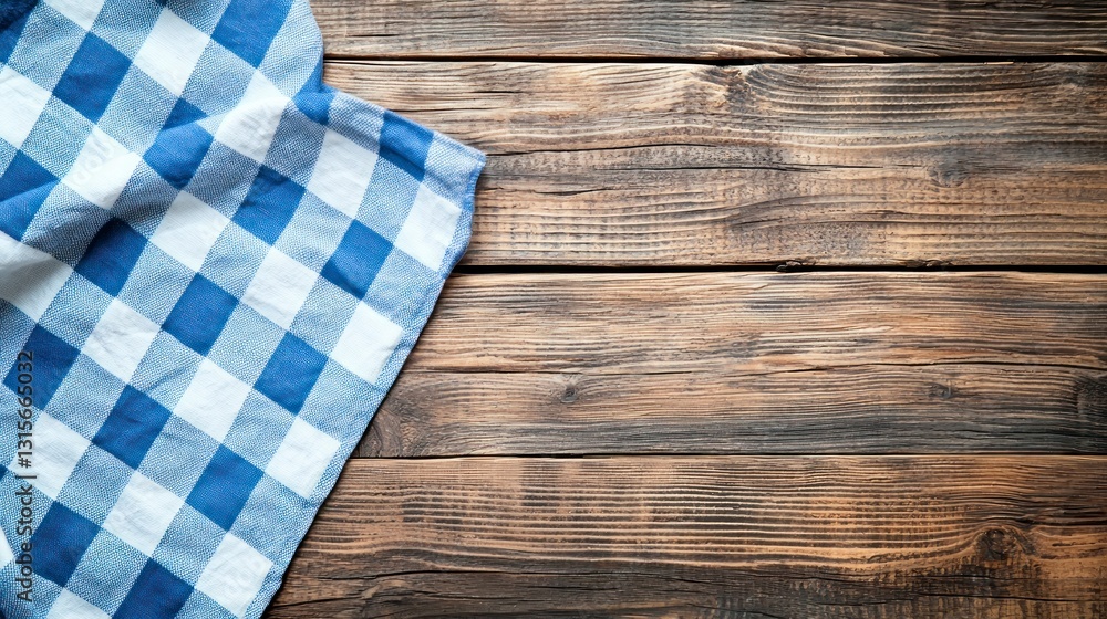 Blue-and-white checkered tablecloth on a wooden background Blue-and-white checkered tablecloth on a wooden background