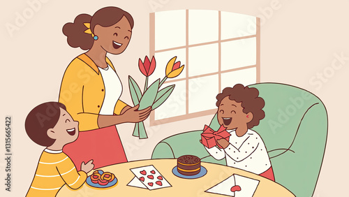 A joyful Mother’s Day celebration in the living room with homemade cards, bouquets, and desserts, surrounded by family, laughter, and love, highlighting the joy of togetherness and family bonding.