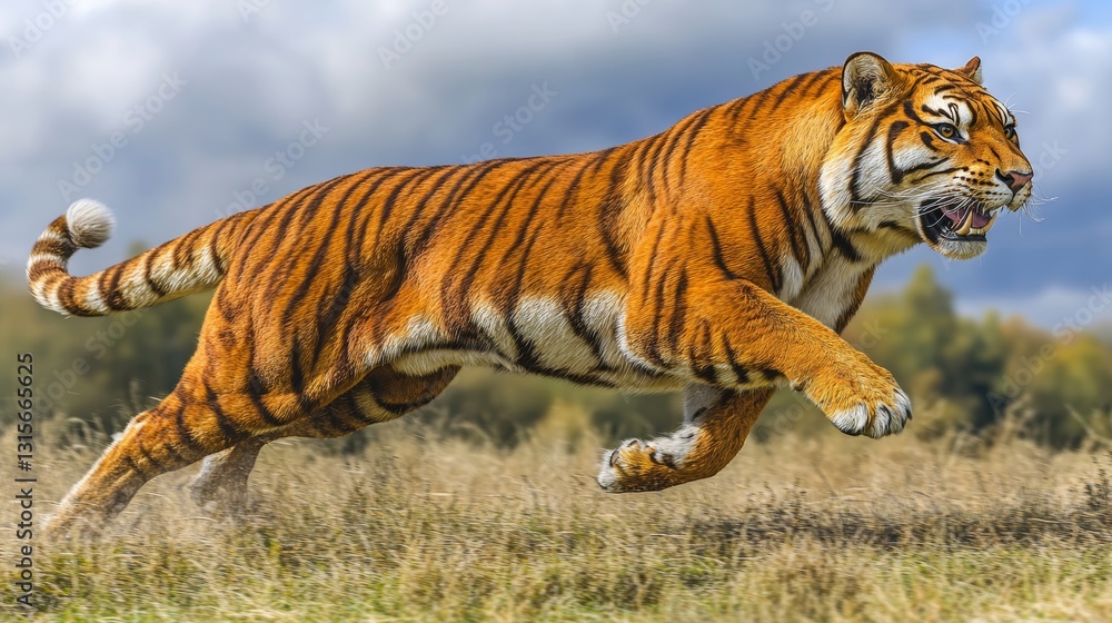 Obraz premium Realistic smilodon running through dry open savanna high fidelity natural environment dynamic viewpoint