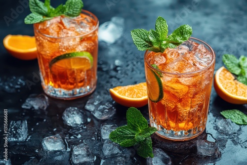 Refreshing cocktails with ice and citrus garnish