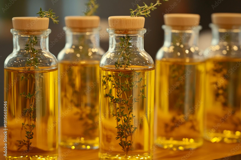 Glass bottles filled with herb-infused oil displayed on a wooden table in a cozy kitchen setting Glass bottles filled with herb-infused oil displayed on a wooden table in a cozy kitchen setting