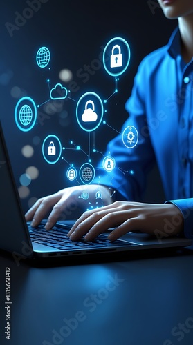 Cybersecurity concept with businessman typing on laptop and digital padlock icons showing data protection, network security, and internet safety in a modern digital environment

