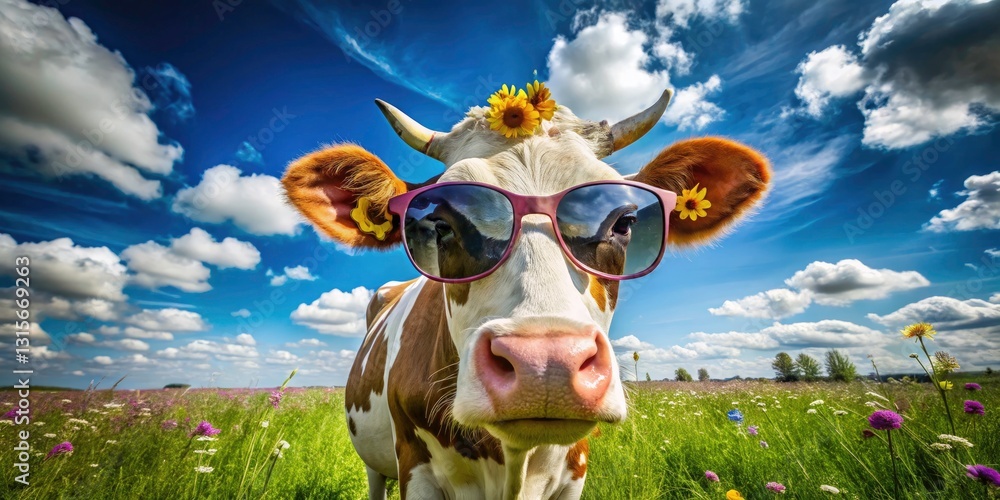 Fototapeta premium Cow Wearing Sunglasses with Reflection of Clouds in High Depth of Field - Playful Farm Animal Photography, Nature, Fun Cattle Images, and Sunny Sky Reflections