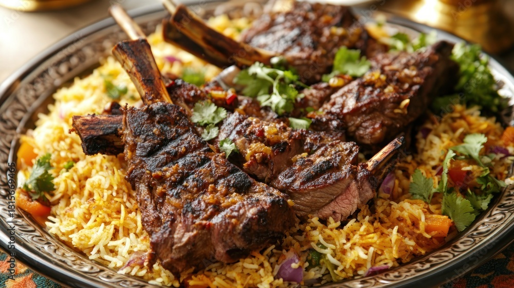 Delicious Grilled Lamb Chops served on aromatic Rice for Eid al-Adha Feast Delicious Grilled Lamb Chops served on aromatic Rice for Eid al-Adha Feast