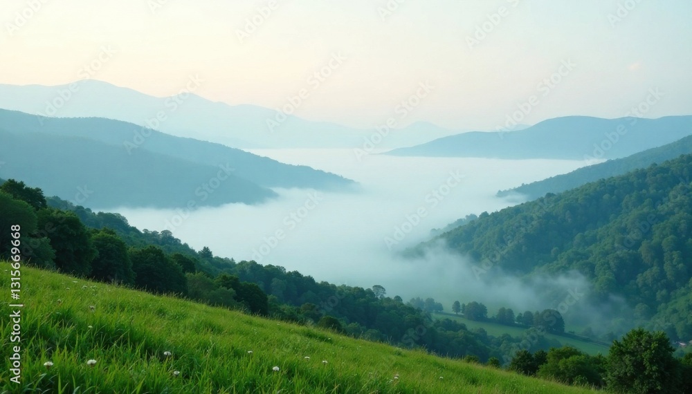 Gentle fog slowly rising from a serene landscape of soft hills and misty valleys, valley, hills, atmospheric Gentle fog slowly rising from a serene landscape of soft hills and misty valleys, valley, hills, atmospheric