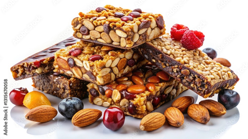 Fototapeta premium Crispy Homemade Protein Bars with Peanuts, Almonds, and Chocolate on Assorted Fruits and Nuts - Healthy Snack Options for Fitness Enthusiasts