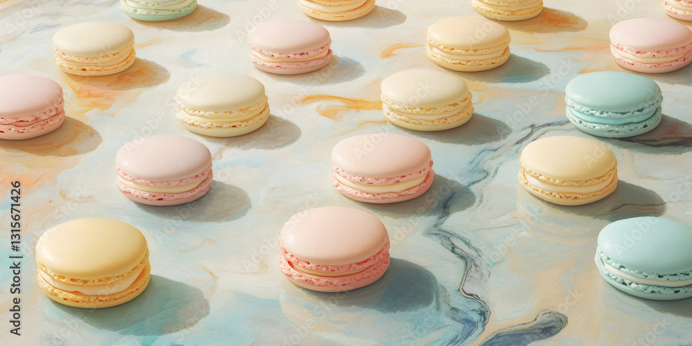 Fototapeta premium Pastel Macarons Illustration, Background Macarons Art, Dessert Lovers Artwork, Macaron Print, Colorful Macarons, Kitchen Art Piece