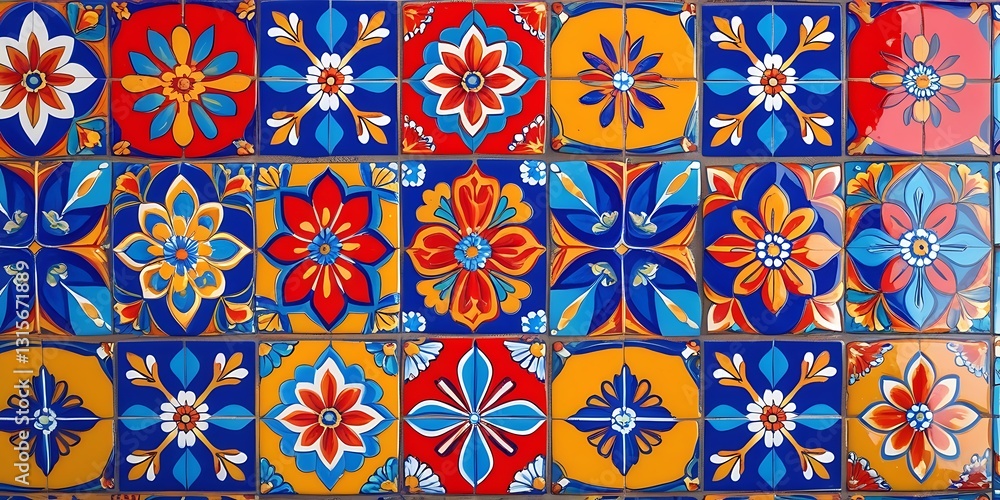Vibrant decorative tiles featuring intricate folk art floral designs and vivid colors, ideal for backgrounds, wall decor, or traditional Mexican and Spanish interiors
Vibrant decorative tiles featuring intricate folk art floral designs and vivid colors, ideal for backgrounds, wall decor, or traditional Mexican and Spanish interiors