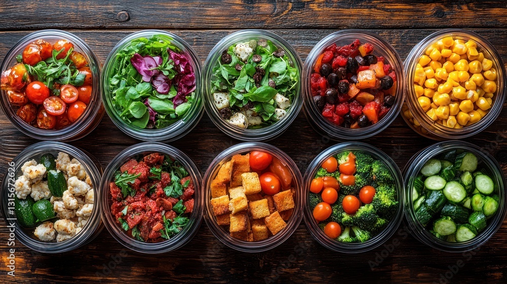 Healthy meal prep containers on rustic wood Healthy meal prep containers on rustic wood