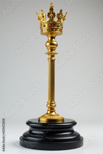 Golden royal scepter resting on black stone pedestal, pedestal, stone, royal