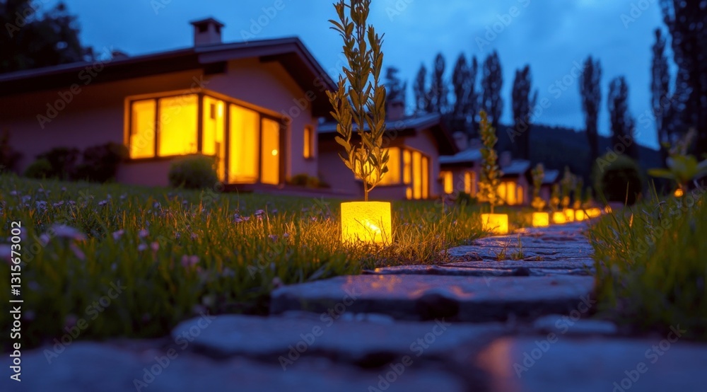Fototapeta premium Illuminated Pathway to Cozy Houses at Night
