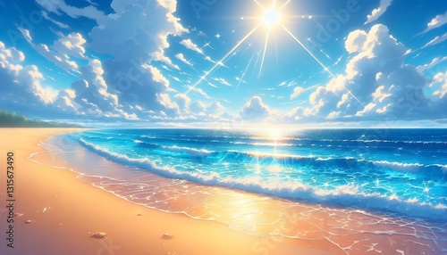 Tranquil anime beach with golden sands and sparkling blue water under clear sky