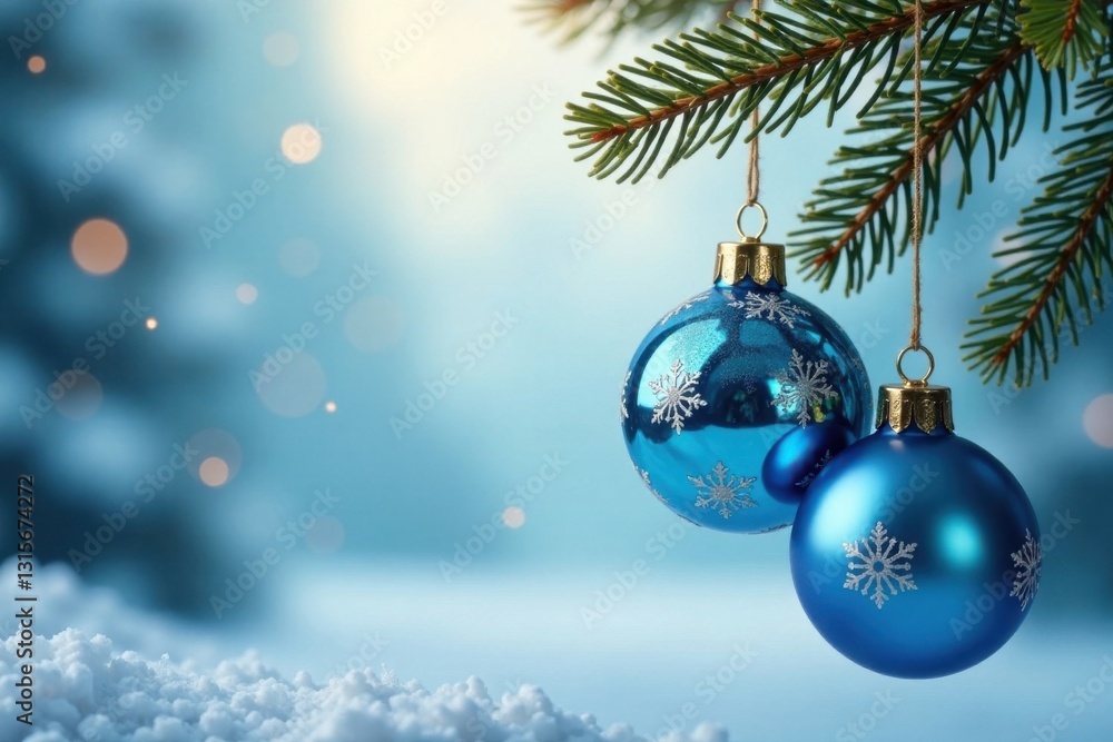 Hanging blue glass ornaments with snowflakes and pinecones, Pinecone, Christmas Decor, Blue Background Hanging blue glass ornaments with snowflakes and pinecones, Pinecone, Christmas Decor, Blue Background
