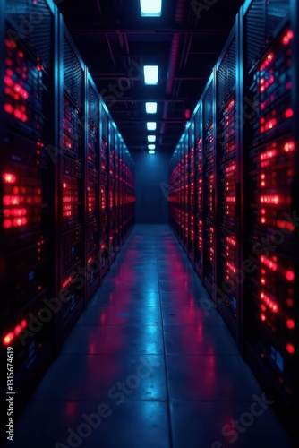 Rows of servers, organized wiring, nighttime ambiance , information technology, cybersecurity