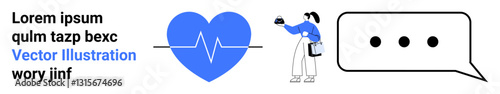 Blue heart with pulse line, person holding coffee, and chat bubble with three dots. Ideal for health, communication, lifestyle, self-care, technology, mobile apps flat landing page banner