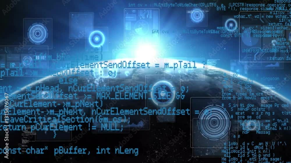 Digital code and data processing animation over Earth viewed from space Digital code and data processing animation over Earth viewed from space