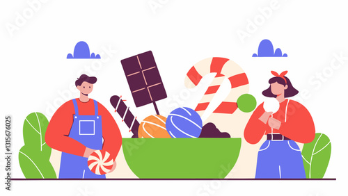 A colorful and playful illustration of two people surrounded by oversized candies, including chocolate bars, candy canes, and lollipops, creating a whimsical and fun atmosphere.