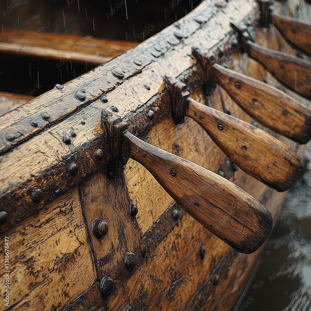 Close-Up View of Wooden Rowboat with Metallic Fasteners and Rain Close-Up View of Wooden Rowboat with Metallic Fasteners and Rain