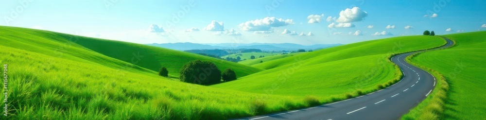 Fototapeta premium Rolling green hills, winding country road, clear blue sky, background, idyllic